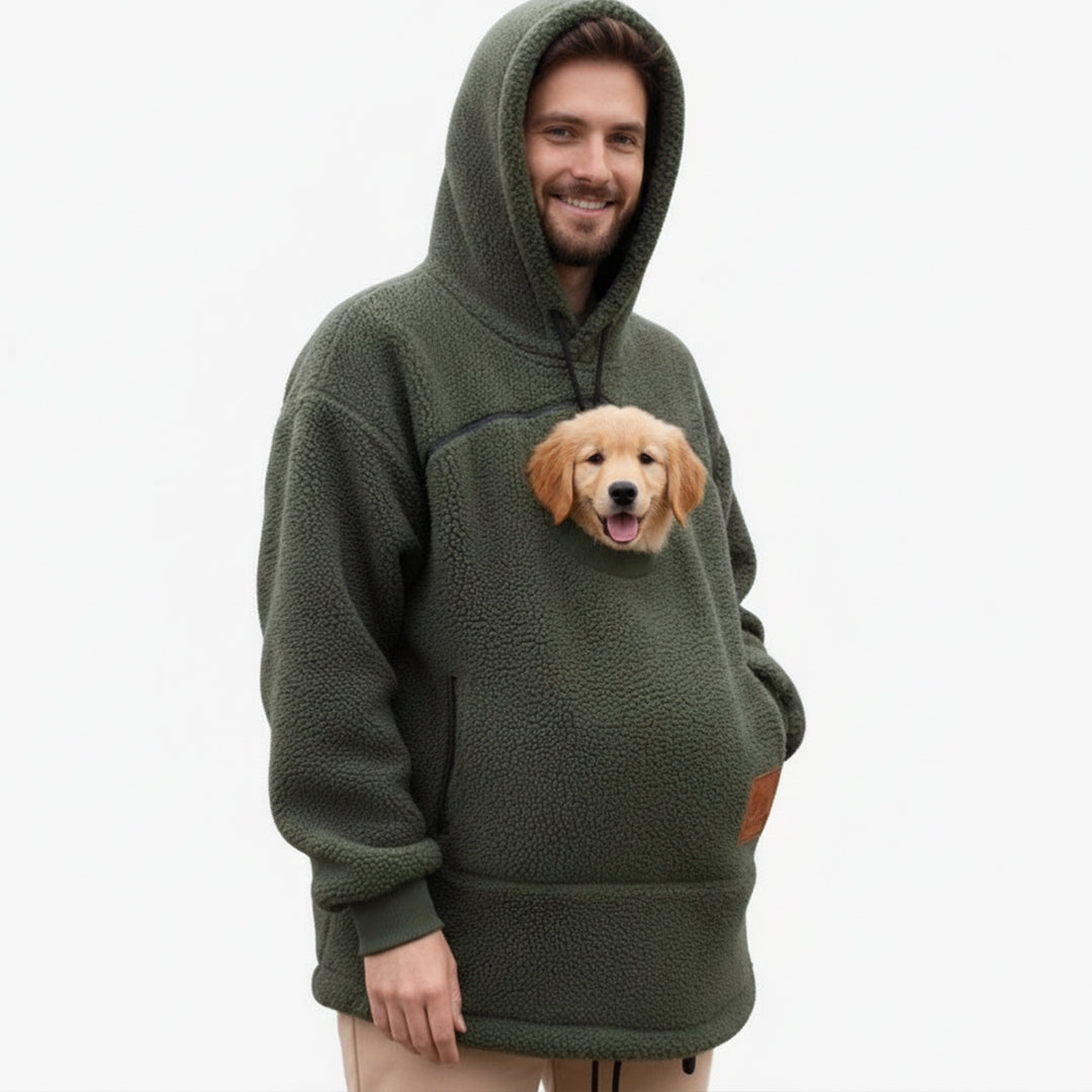 Oversize hættetrøje i fleece med stor lomme til kæledyr