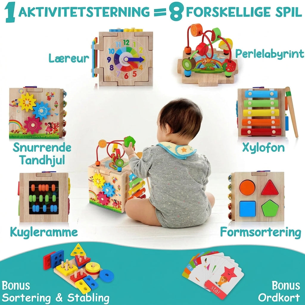 Aktivitetskube med 8 aktiviteter, xylofon og perlebane