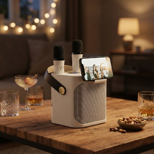 Bluetooth-karaokehøjttaler med 2 trådløse mikrofoner og 360° lyd