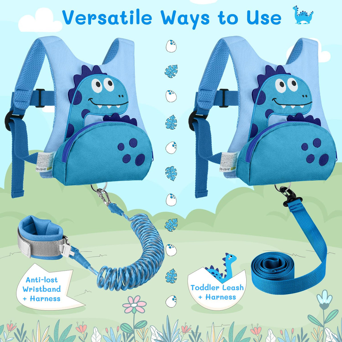 Børnesele med dinosaurdesign, lomme og 2,5 m line