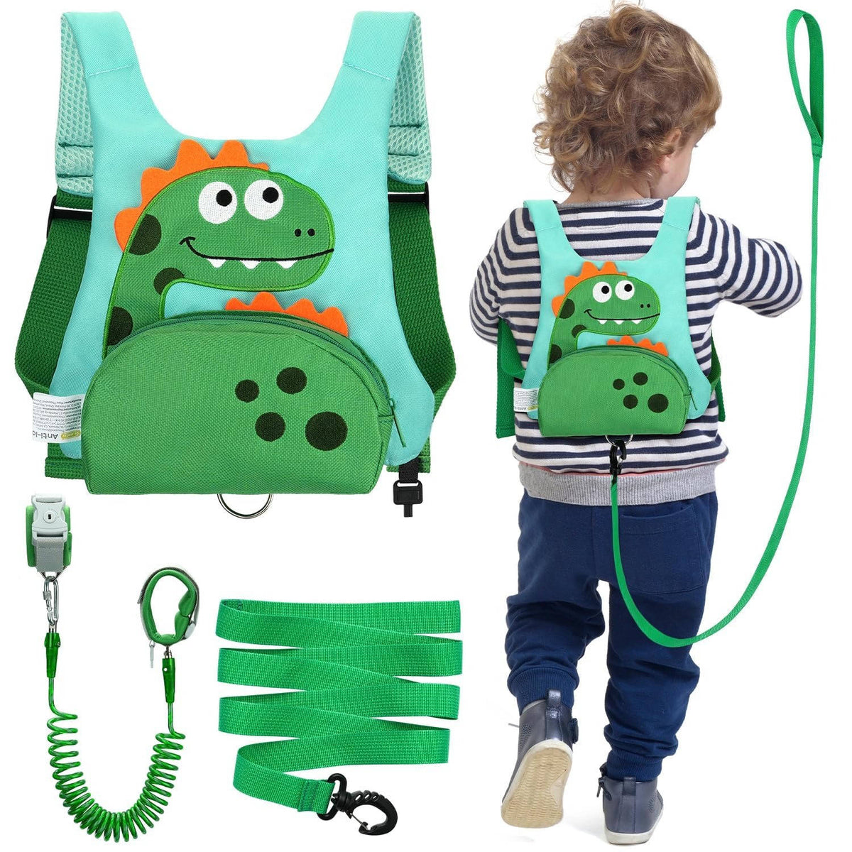 Børnesele med dinosaurdesign, lomme og 2,5 m line