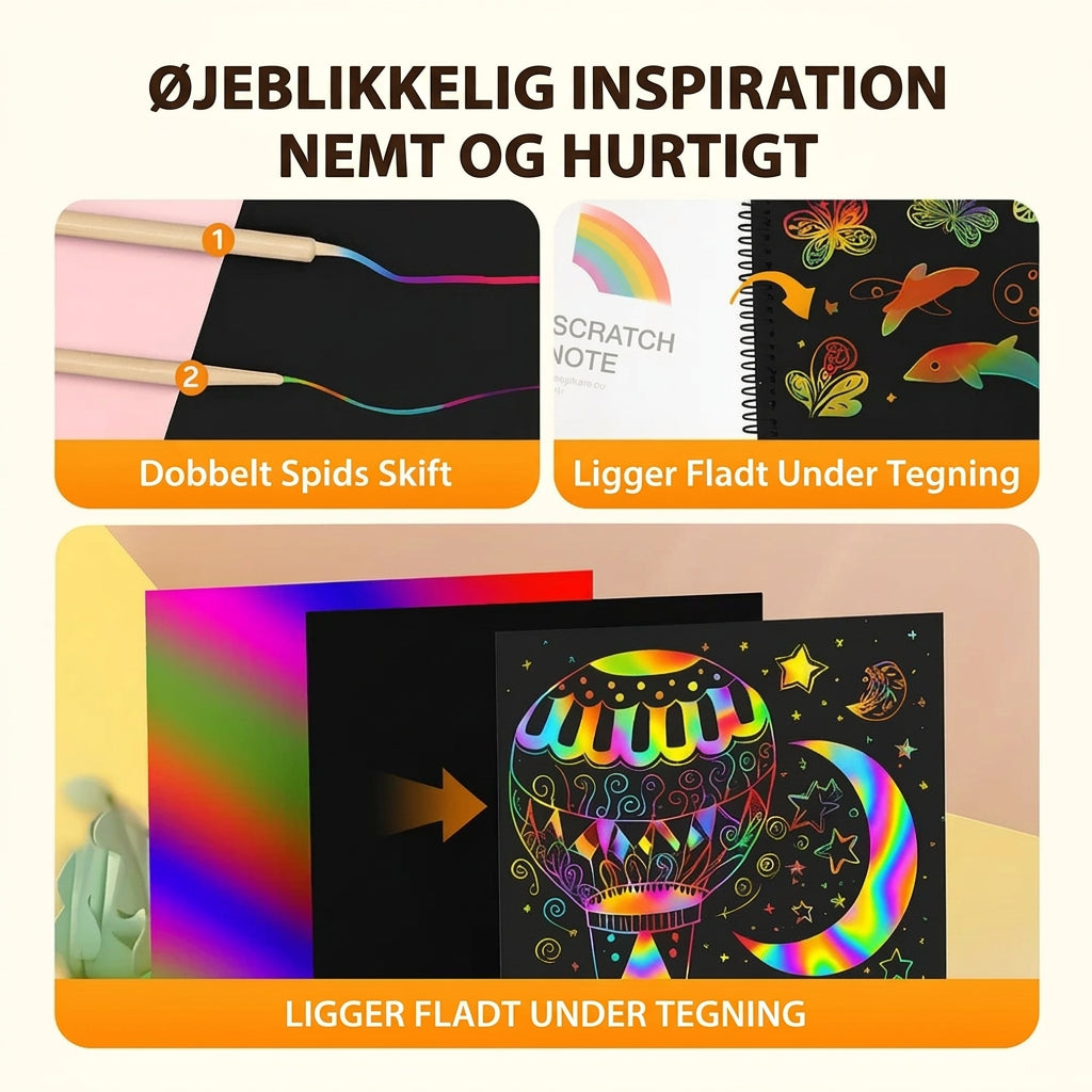 Regnbue-skrabepapir med træpind, 10 ark på 20 × 15 cm