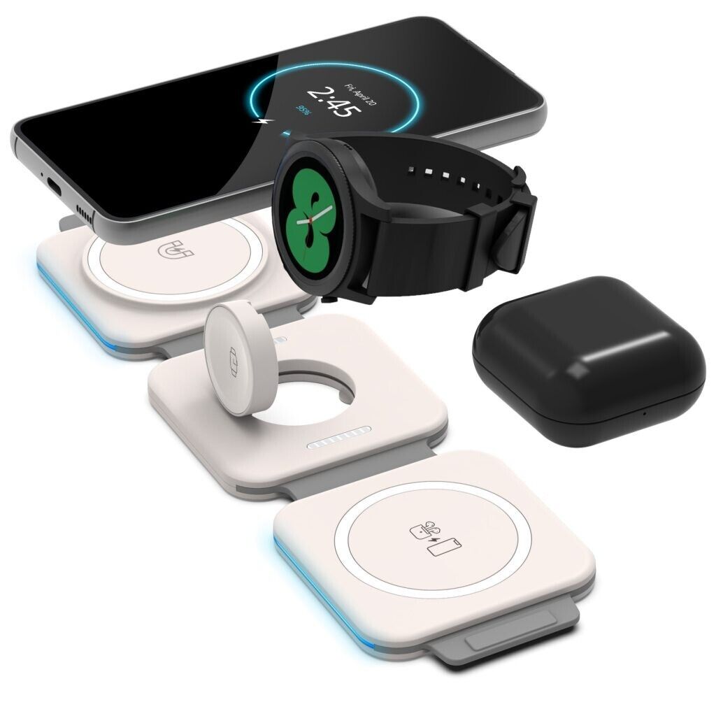 Foldbar 3-i-1 trådløs oplader med USB-C til mobil, ur og øretelefoner