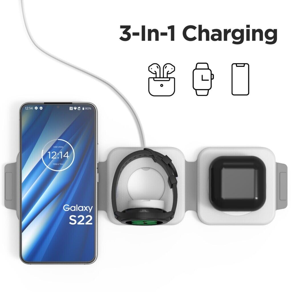 Foldbar 3-i-1 trådløs oplader med USB-C til mobil, ur og øretelefoner