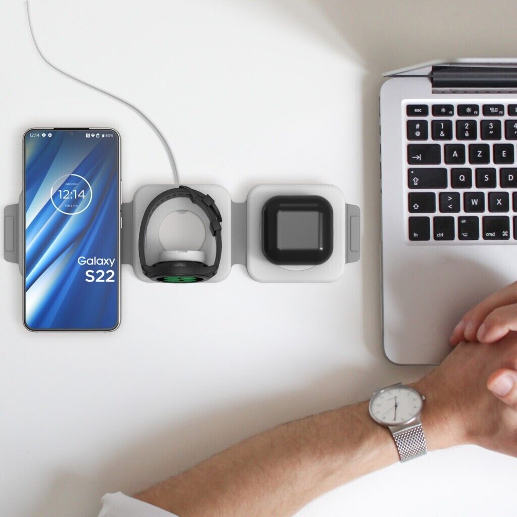 Foldbar 3-i-1 trådløs oplader med USB-C til mobil, ur og øretelefoner