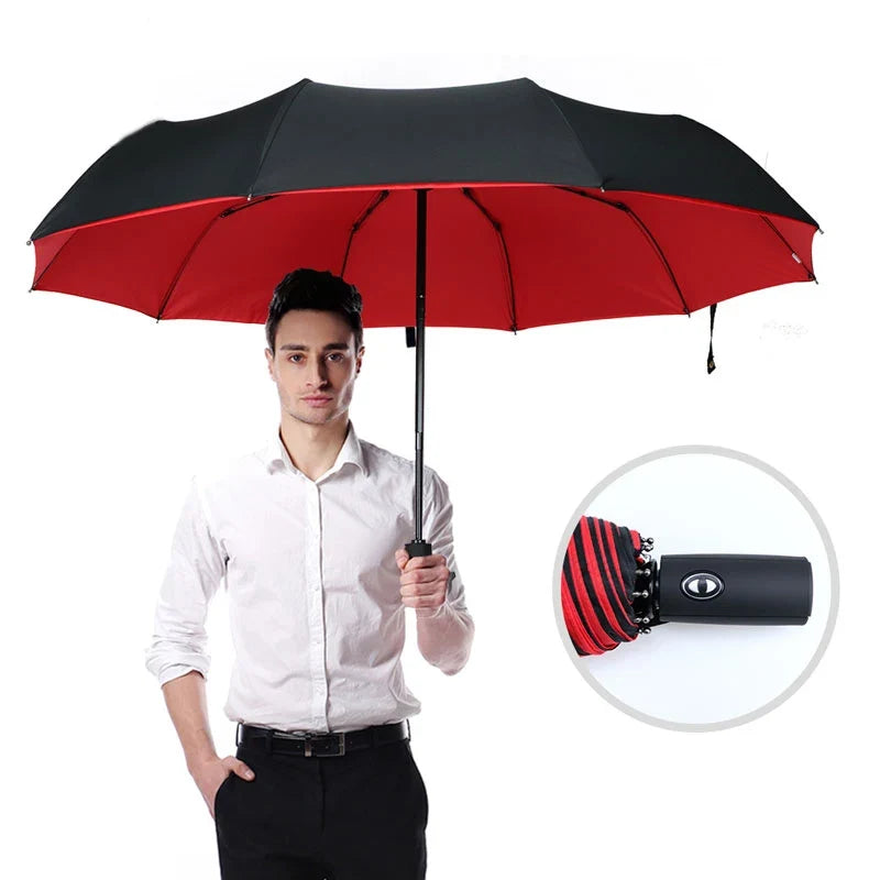 Automatisk stormparaply med dobbelt lag og kompakt foldedesign