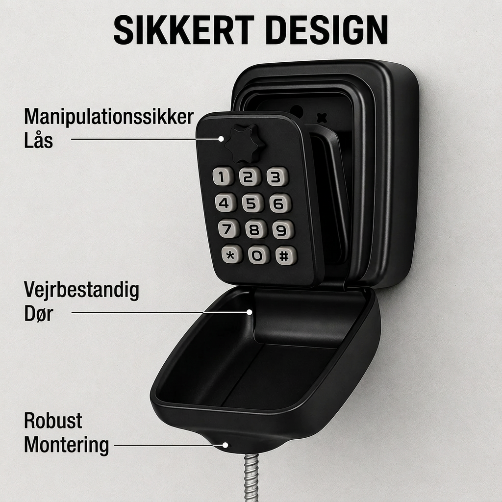 Nøgleboks i metal til vægmontering med indstillelig talkode