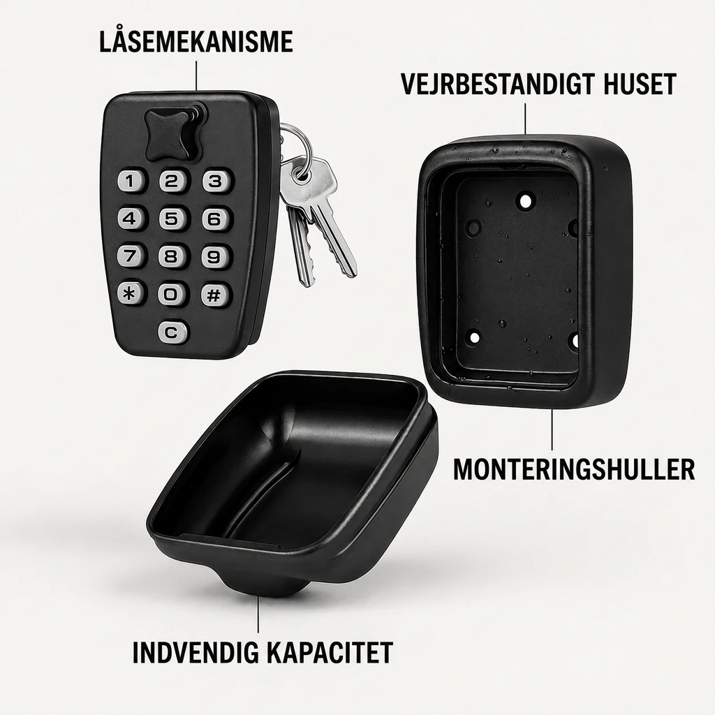 Nøgleboks i metal til vægmontering med indstillelig talkode