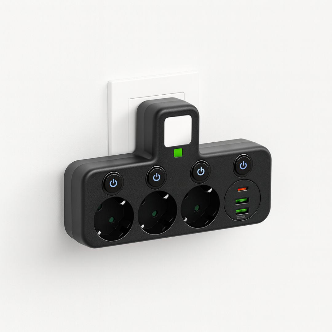 Stikdåse med 3 udtag, 2 USB-porte og USB-C, op til 2500 W