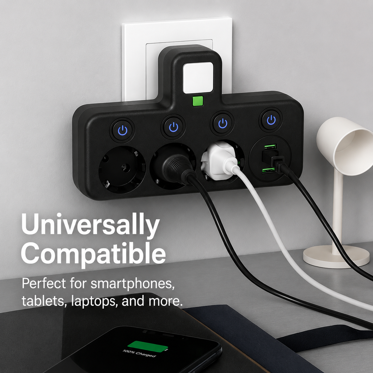 Stikdåse med 3 udtag, 2 USB-porte og USB-C, op til 2500 W