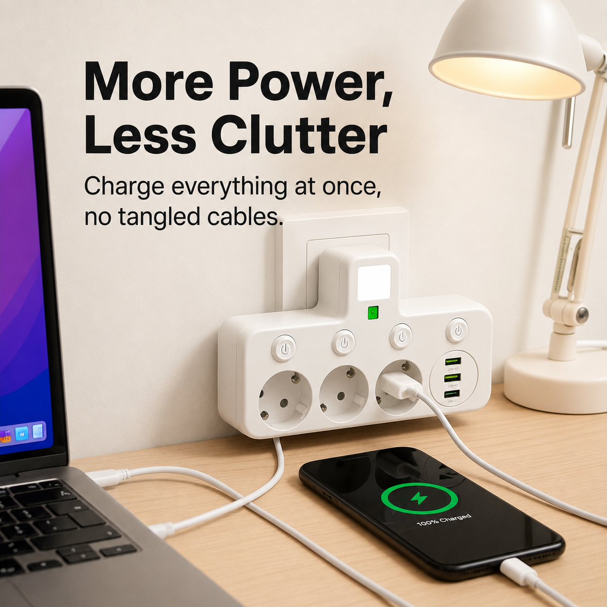 Stikdåse med 3 udtag, 2 USB-porte og USB-C, op til 2500 W