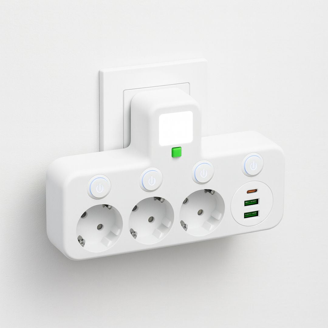 Stikdåse med 3 udtag, 2 USB-porte og USB-C, op til 2500 W
