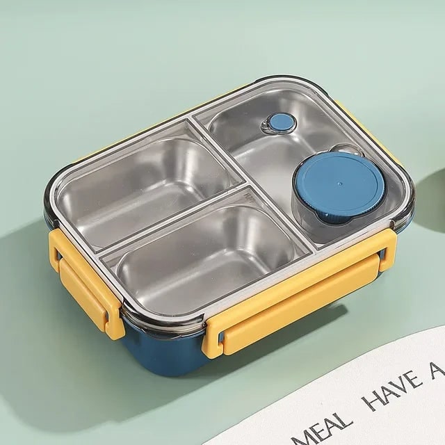 Bento-madkasse med tre rum i rustfrit stål og tætsluttende låg