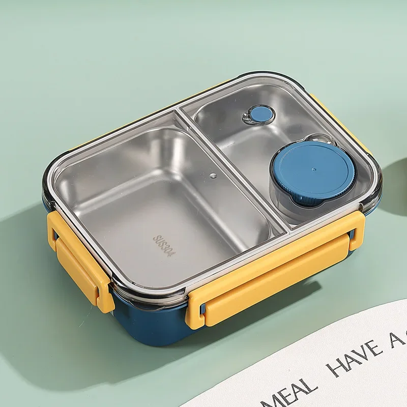 Bento-madkasse med tre rum i rustfrit stål og tætsluttende låg
