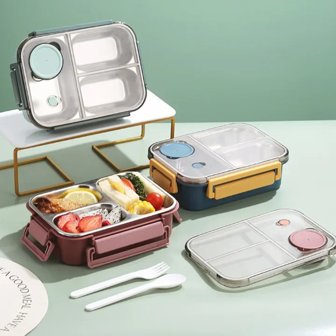 Bento-madkasse med tre rum i rustfrit stål og tætsluttende låg