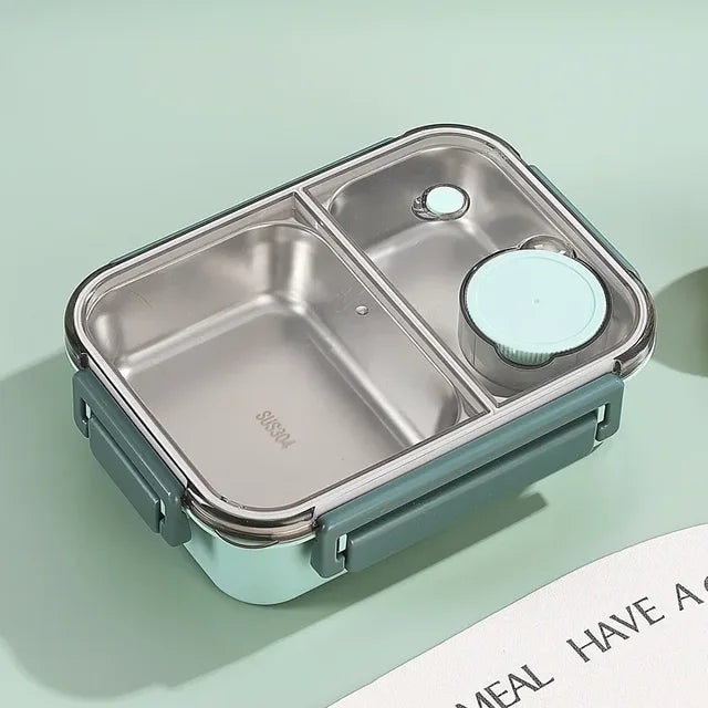 Bento-madkasse med tre rum i rustfrit stål og tætsluttende låg
