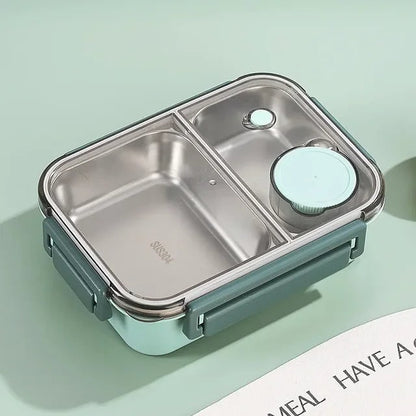 Bento-madkasse med tre rum i rustfrit stål og tætsluttende låg