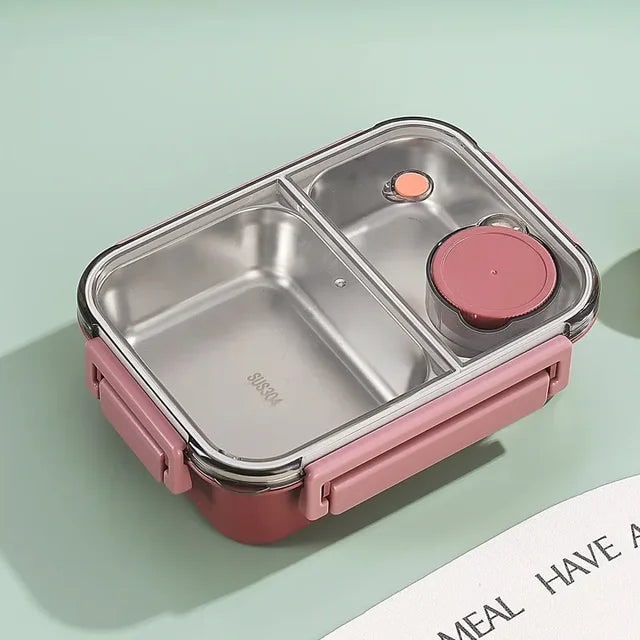 Bento-madkasse med tre rum i rustfrit stål og tætsluttende låg