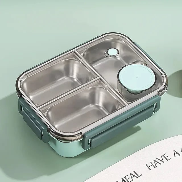 Bento-madkasse med tre rum i rustfrit stål og tætsluttende låg