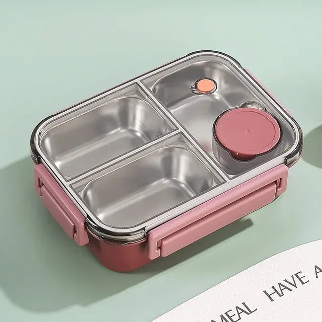 Bento-madkasse med tre rum i rustfrit stål og tætsluttende låg