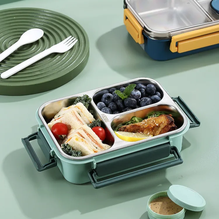Bento-madkasse med tre rum i rustfrit stål og tætsluttende låg