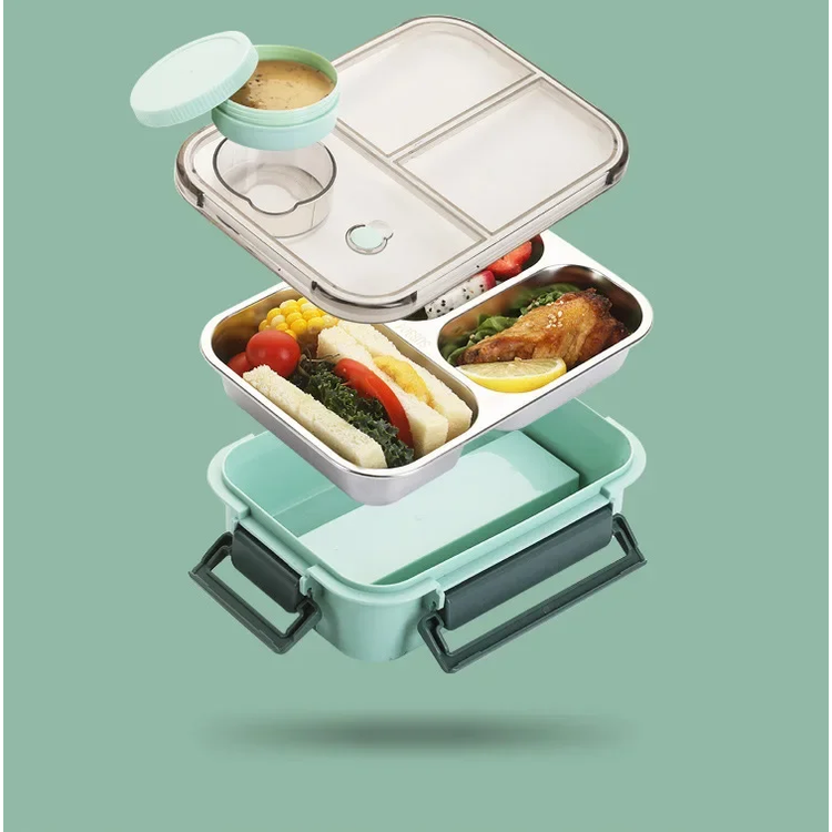 Bento-madkasse med tre rum i rustfrit stål og tætsluttende låg