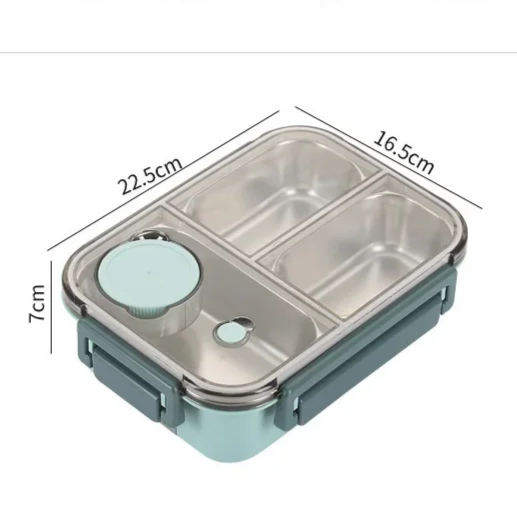 Bento-madkasse med tre rum i rustfrit stål og tætsluttende låg