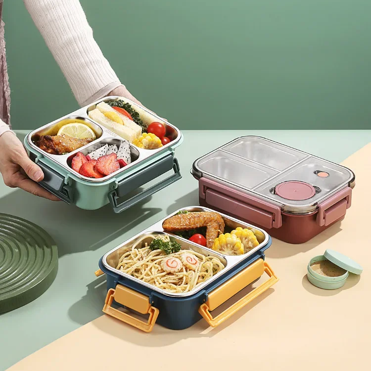 Bento-madkasse med tre rum i rustfrit stål og tætsluttende låg