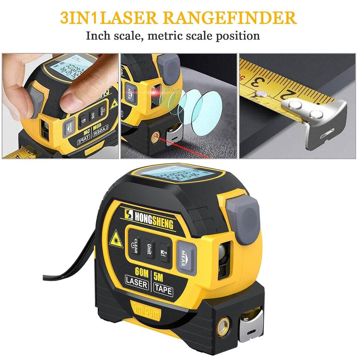 3-i-1 lasermåler med 5 m målebånd og 60 m rækkevidde