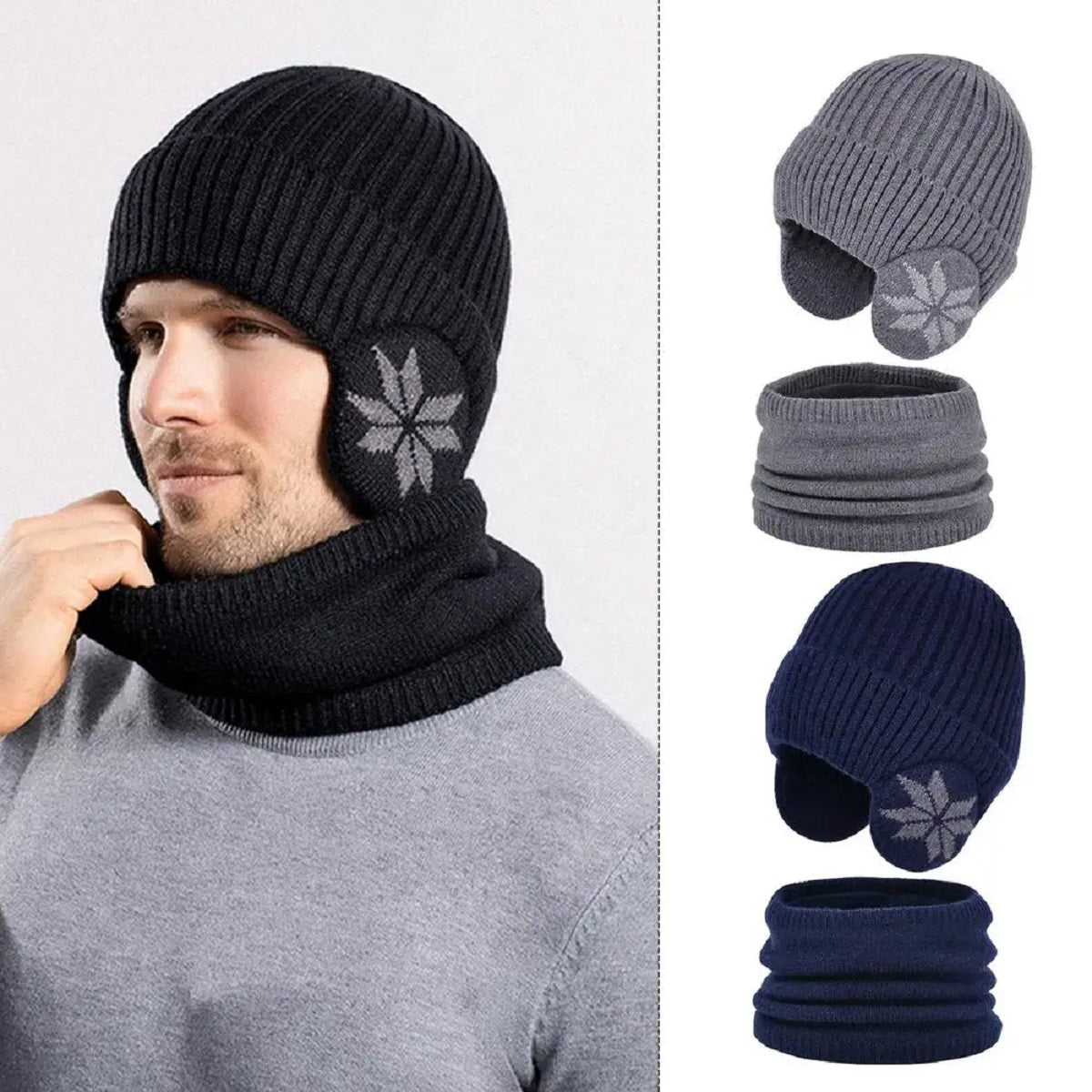 2 i 1 opvarmet vinterstrikket hue halsvarmer beanie hat halstørklæde